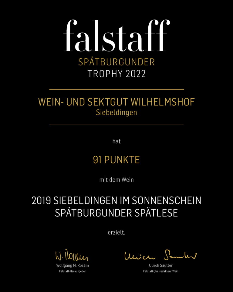 Urkunde fallstaff Spätburgunder Trophy 91 Punkte