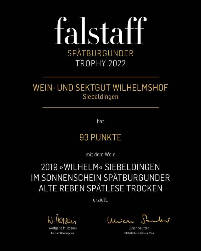 Urkunde fallstaff 93 Punkte Spätburgunder Trophy Weingut Wilhlemshof